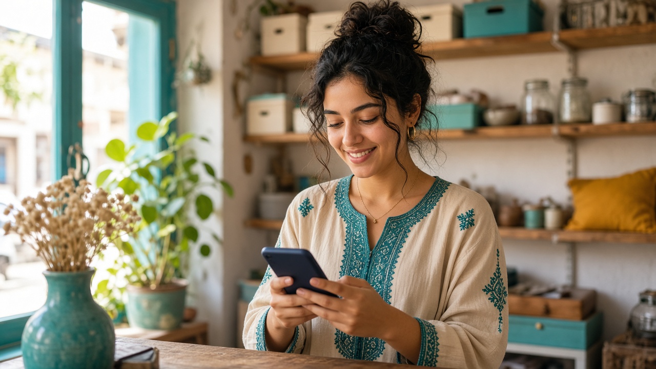 A shop owner smiling at a message on their phone